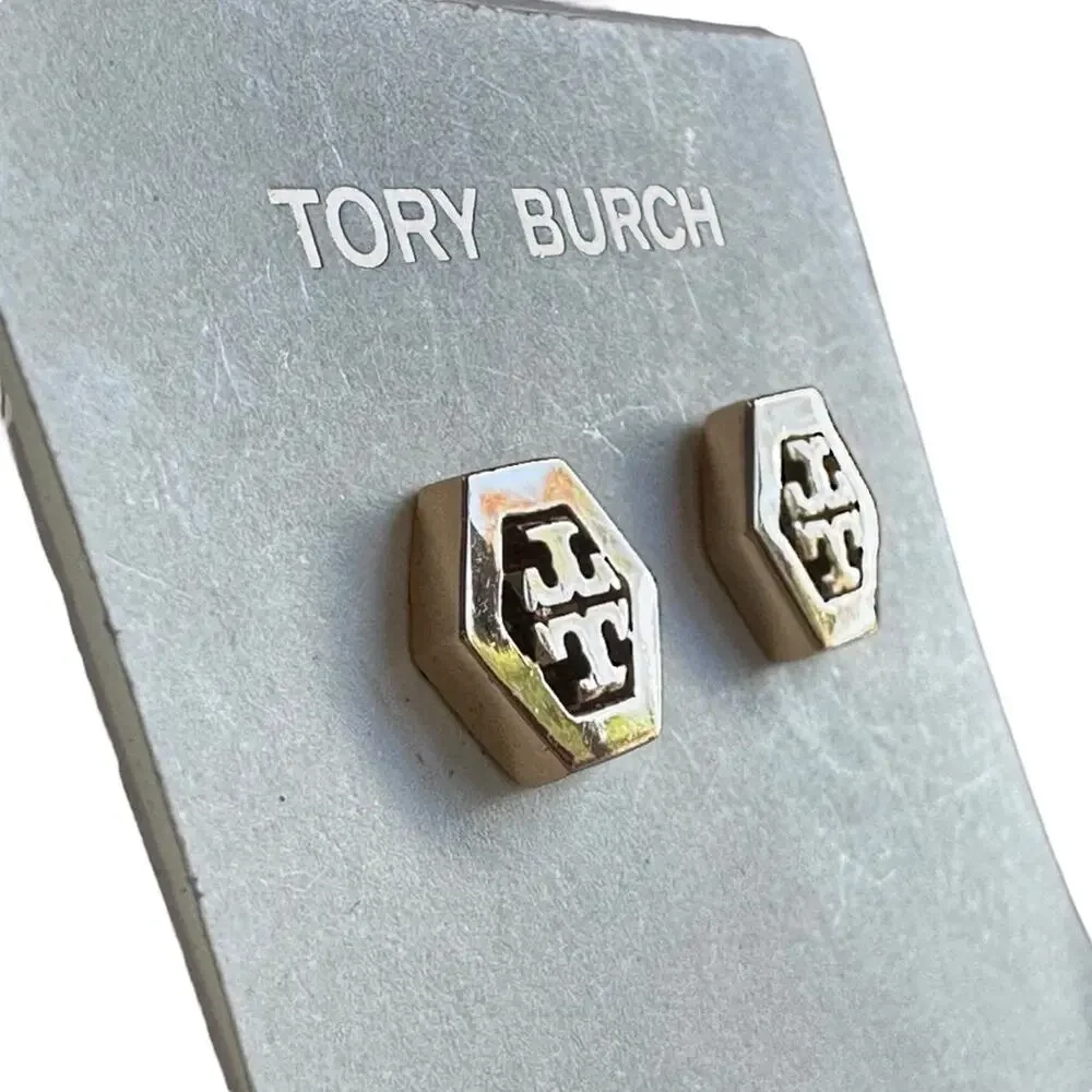Tory Burch - Gold Hex-Logo Stud Earrings, NWT - Picture 4 of 8
